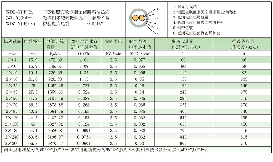 2芯wdz-yjfy22鎧裝輻照交聯低煙無鹵電纜